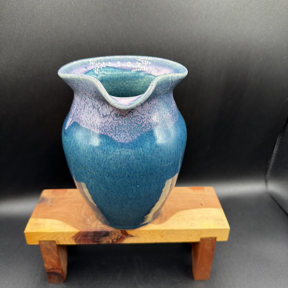 VTG Old Fort NC Pottery John Garrou Blue Pitcher Lavender Drip Glaze Hand Made - Picture 3 of 7